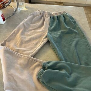 Harlow Two-Tone High-Waist Jogger Pants in Gray & Teal